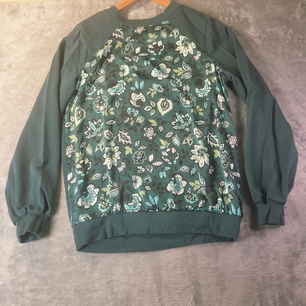 Jason Wu Womens Mixed Media Floral Satin‎ Front Sweatshirt Dark Green XXS